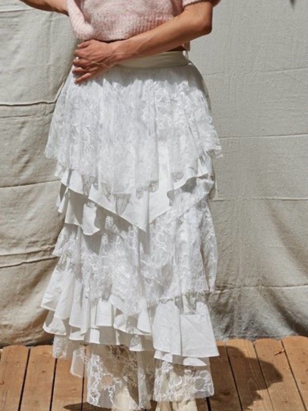 By Together Women’s White Tiered Lace Maxi Skirt -Boho Layered Skirt